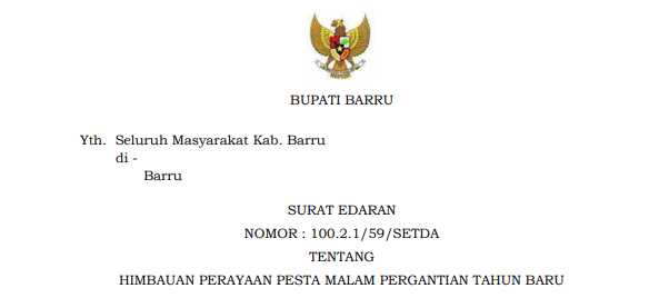 Surat Edaran Bupati Barru tentang himbauan perayaan malam pergantian Tahun Baru 2026 kepada masyarakat Kabupaten Barru