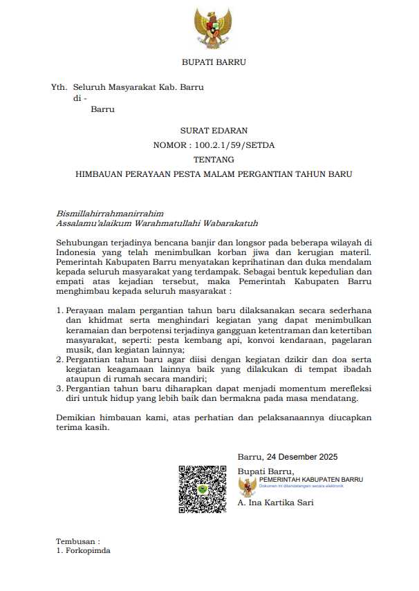 Surat Edaran Bupati Barru tentang himbauan perayaan malam pergantian Tahun Baru 2026 kepada masyarakat Kabupaten Barru