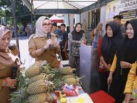 Bupati Barru Andi Ina Kartika Sari meninjau stan pelaku UMKM saat membuka Pameran dan Bazar UMKM dalam rangka Hari Kewirausahaan dan UMKM Nasional 2026 di halaman Kantor Dinas Koperasi dan UMKM Kabupaten Barru.