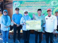 Bupati Barru Andi Ina Kartika Sari bersama Unhas melakukan penanaman perdana benih jagung JJUH di lahan Kelompok Tani Suka Damai, Desa Siawung.