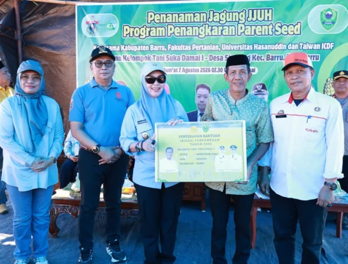 Bupati Barru Andi Ina Kartika Sari bersama Unhas melakukan penanaman perdana benih jagung JJUH di lahan Kelompok Tani Suka Damai, Desa Siawung.